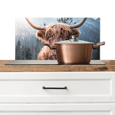 Produktbild von KitchenYeah®  Spritzschutz Küche - Küchenrückwand - Wandschutz für Herd und Spüle - Schottisches Hochlandrind - Kuh - Tiere - Berg - Natur 70x30 - Alu-Dibond (Alternative zum Spritzschutz aus Glas) -