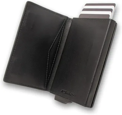 Produktbild von RFID Kartenportmonai Herren - Minimalistische Pop-Up-Portemonnaies mit Geschenkbox - Leichte Metall-Kreditkartenhalter für Männer (Schwarzes Kunstleder,