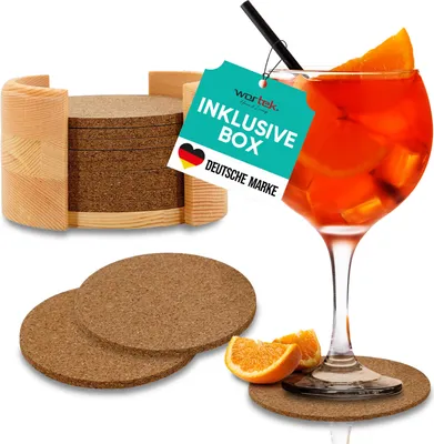 Produktbild von wortek Kork Untersetzer - Holzhalterung I Korkdeckel - Getränke, Tassen, Bar & Tisch, 10er Set I 10cm I Rund I Tischset