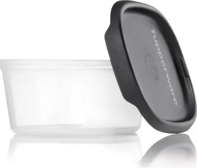 A clear, studio shot of a Tupperware container with its lid slightly ajar, set against a white background.