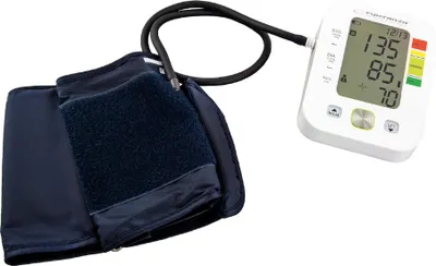 A digital blood pressure monitor and its cuff are shown on a white background.