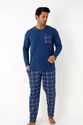 Produktbild von Herren Pyjama Set Langarm Karierte Hose Brusttasche Langarm Schlafanzug L-3XL