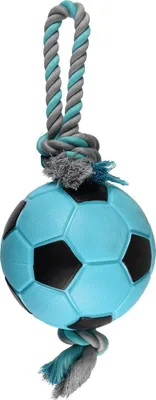 Image de Jouet pour chien Flamingo en TPR : ballon de football sportif + corde, bleu, dimensions : 17 cm