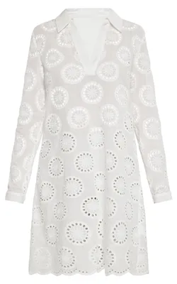 Produktbild von Damen Kleid weiß aus 100% Baumwolle mit Lochstickerei, V-Ausschnitt, langen Ärmeln, A-Linie, Boho-Chic, Gr. L