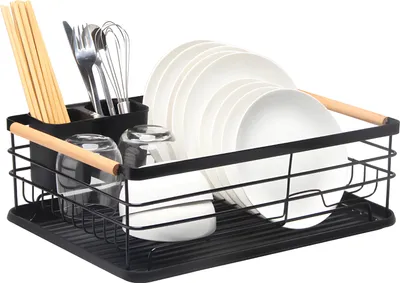 Produktbild von Geschirrabtropfgestell Abtropfgestell Geschirrstaender mit Auffangschale Abtropfgitter Geschirrkorb Dish Drying Besteckfach Schwarz 43×30,5×14 Retoo