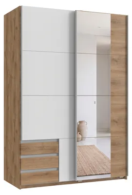 Obrázek produktu pro Skříň s posuvnými dvířky, 2 dveře, šatní skříň, 135 cm, buk, bílá barva, zásuvky, zrcadlo / 22677