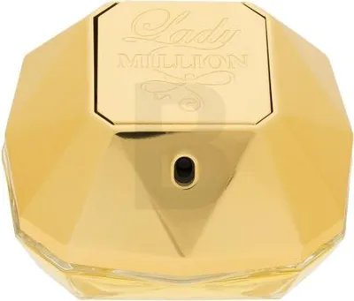 A close-up, front-facing view of a gold-colored perfume bottle.