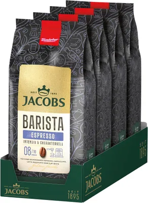 A display of multiple bags of Jacobs Barista Espresso coffee beans in a retail display box.