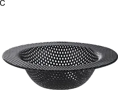 A black kitchen sink strainer is shown against a white background.