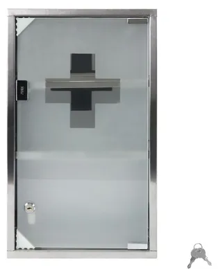 Obrázok produktu pre Uzamykateľná lekárnička s magnetickou sklenenou dverami, rozmer 30x12x50 cm, strieborná, 3 priehradky