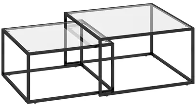 Produktbild von Couchtische 2er-Set Satztisch mit gehärteter Glasplatte und Metallrahmen, für Wohnzimmer Schwarz