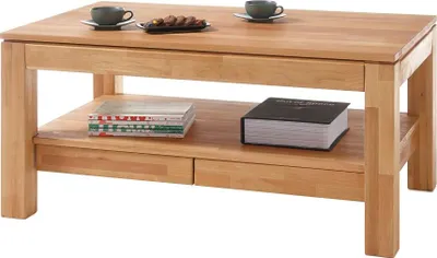 A wooden coffee table with a shelf and drawers, displayed on a white background.