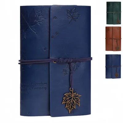 Produktbild von Notizbuch A6 Leder Ahornblatt-Prägung nachfüllbar Kraftpapier blau