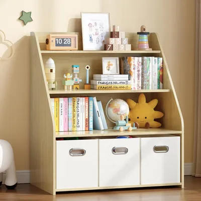 Image de Étagère en bois pour enfants, avec 3 tiroirs et des compartiments ouverts, finition bois