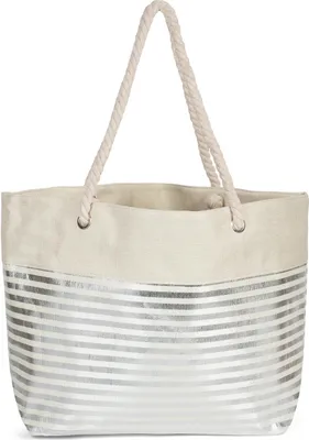 Produktbild von styleBREAKER Damen XXL Strandtasche mit Reißverschluss und Metallic Glitzer Streifen | große Badetasche für Familie oder Shopping | 58 x 38 x 20 cm