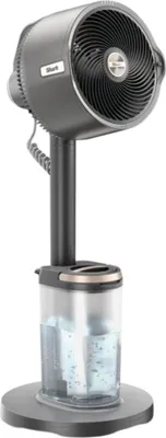 A dark gray and silver stand fan with a clear water tank.