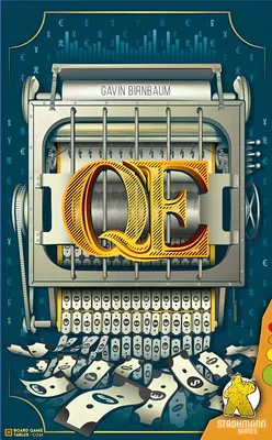 A board game cover featuring a stylized typewriter printing money.