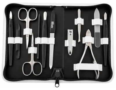 Produktbild von Maniküre Set 12-teilig mit Solingen Instrumenten, Echtleder-Etui Germany, Nagelset für Damen und Herren, Hand- und Fußpflege Weiß