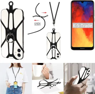 Produktbild von K-S-Trade 3in1 Handykette Handyband Handykordel Halsband Smartphone-Ring Handy-Ring kompatibel mit Huawei Y6 (2019) Fingerhalterung Handyring