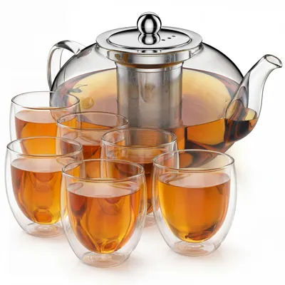 Produktbild von Arendo Teekanne 1,2 l in runder Form, Edelstahlsieb und 6 Thermogläsern 350 ml, doppelwandige Gläser ohne Henkel, Glaskanne, 8 Teile, transparent und silberfarben
