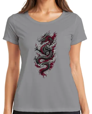 Productafbeelding van Japans draak, Aziatische tattoo-stijl, rood en zwart, Japan, Y2K, dames T-shirt, grijs, 3XL
