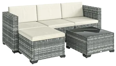 Produktbild von Polyrattan Gartenmöbel Set 5-teilig, Lounge Set mit Ecksofa Hocker Tisch Sitz- & Rückenkissen Grau+Cremeweiß