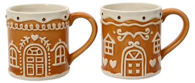 Teetasse im Lebkuchenhaus Design mit Zuckerguss Dekor und weihnachtlichen Details, sortierte Ausführung.