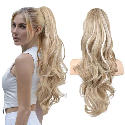 Produktbild von Haarteil Pferdeschwanz Lang Wellig Lockig Braun mit Weißblond 60cm Kunstfaser Kordelzug