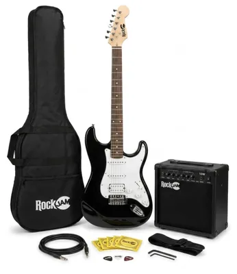 Produktbild von RockJam E-Gitarren-Set volle Größe für Anfänger, Schwarz, 6 Saiten mit 10-W-Verstärker, Tasche, Gurt, Kabel, Plektren und Tremolo