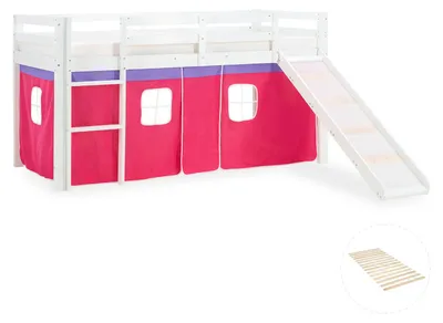 Produktbild von Homestyle4u Hochbett 90x200 mit Rutsche Lattenrost Vorhang Rosa Pink Kinderbett Weiß Holz Kiefer Stockbett Gäste Spielbett