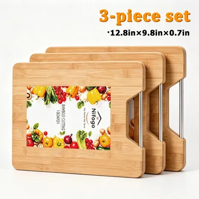 Immagine prodotto di Set di taglieri in bambù - 3 pezzi - Con manici in metallo - Resistenti - Adatti per carne, verdura e frutta - Ideali per cucinare e servire