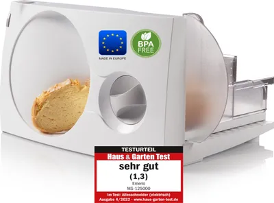 Produktbild von Emerio Allesschneider " EU" MS-125000, Edelstahl Messereinheit in Deutschland produziert, einstellbar 0-17mm, BPA frei, platzsparend klappbar, mit Sicherheitsschalter, Eco 100Watt, Weiß