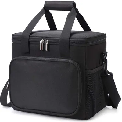 A black insulated lunch bag with a front pocket and mesh side pockets.