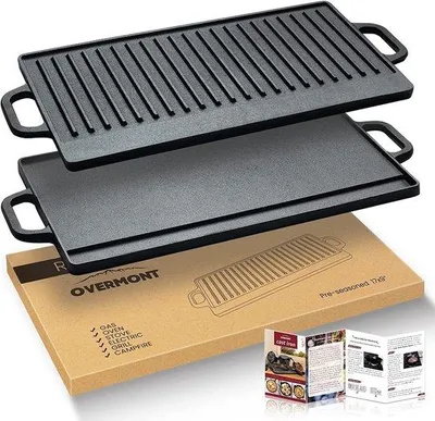 Obrázok produktu pre Obojstranná liatinová grilovacia platňa s nepriľnavým povrchom – 42 x 23 cm, vhodná na indukčné varné dosky a do rúry