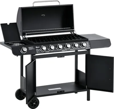 Produktbild von Gasgrill Bbq Grillwagen Mit 6 Brennern 1 Seitenbrenner Schrank Multifunktion Metall Schwarz 135 X 50 X 100 Cm