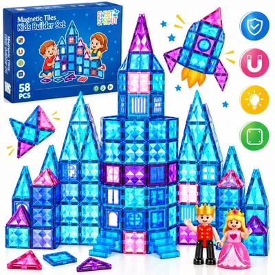 Productafbeelding van Magnetic tiles - 58 stuks - Magnetische tegels - Magneten speelgoed - Magneet tegels - Montessori - Bouwstenen - Travel set - Constructiespeelgoed, AI-gegenereerde afbeelding
