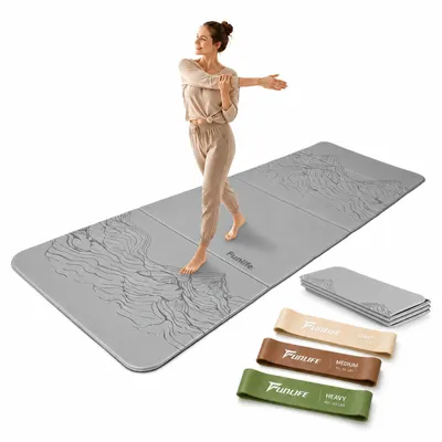 Productafbeelding van FunLife Opvouwbare yogamatset met 3 weerstandsbanden, 10 mm fitnessmat met antislip oppervlak, opvouwbare gymnastiekmat voor yoga, Pilates en training, zilverkleurig grijs, AI-gegenereerde afbeelding