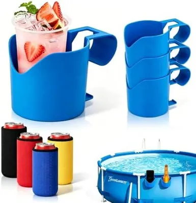 Produktbild von Pool Getränkehalter Set mit 4 Haltern und 4 Bierkühler Getränkehalter Pool zum Einhängen am Poolrand als Pool Zubehör für Oberirdische Pools Partys Bootfahren und Camping