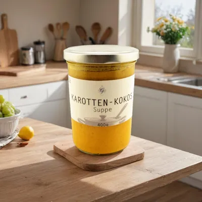 Produktbild von Karotten-Kokos-Suppe im Glas – Metzgerei Guber – vegan, cremig & exotisch – frisch gekocht