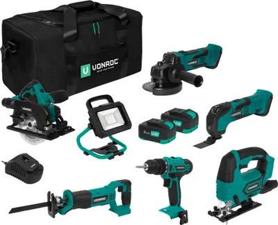 Produktbild von Vonroc Werkzeugsatz/Maschinen-set 20V – Werkzeugtasche inkl.: Akkuschlagbohrer, Multiwerkzeug, Stichsäge, Kreissäge, Säbelsäge, Arbeitsleuchte 2 x 4.0Ah Akku und Schnellladegerät