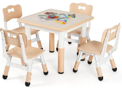 Immagine prodotto di Tavolo per bambini con 4 sedie, regolabile in altezza, forma quadrata, dimensioni 60x60 cm, colore giallo