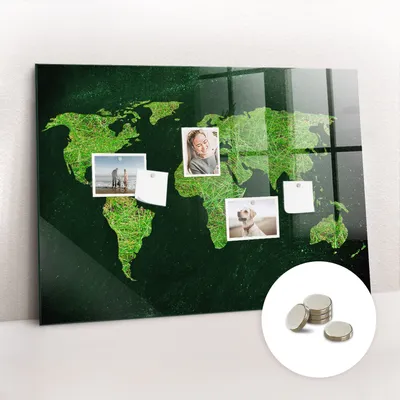 Produktbild von Magnetische Wandtafel aus Glas – Memotafel mit gebogener Vorderseite – Enthält 5 Magnete – 100x70 cm – Weltkarte mit Grasstruktur