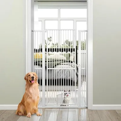 Produktbild von Türschutzgitter Hunde, Absperrgitter ganz hoch, 77-104 cm x 150 cm, Schutzgitter mit Kleiner Tür, 2 Erweiterungen, Türgitter ohne Bohren, Hundegitter ausziehbar, Sicherheitsgitter Metall, Weiß