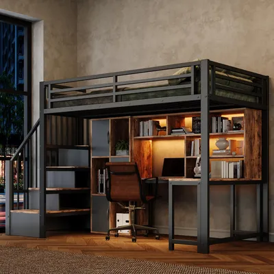 Productafbeelding van Flieks stapelbed 90x200 cm met trap en bureau, jongerenbed met ladderkast en LED-verlichting, hoogslaper met spijlen, zwart, metaal + MDF
