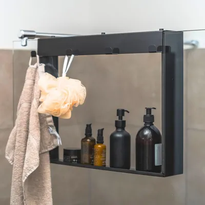 Produktbild von Edelstahl Duschablage zum Hängen ohne Bohren für die Glastür/Glaswand - Duschregal zum Einhängen mit 4 Haken - Regal hängend für Glasduschwand schwarz