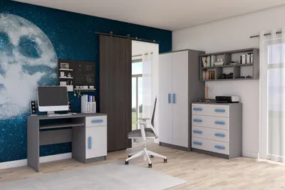Obrázok produktu pre Kinderzimmer-Set Schrank Wandregal Kommode Schreibtisch blaue Griffe Jonas II 02 (Grau/Weiß)