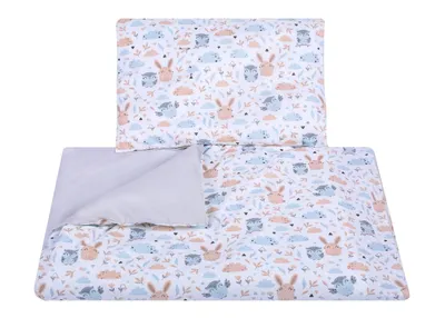 Obrázok produktu pre Detská prestieradlo s motívom zajačikov, 120x90, sivá farba, 2-dielna sada s obliečkou na vankúš 60x40, 100% bavlna, posteľná bielizeň pre deti s motívom zajačikov