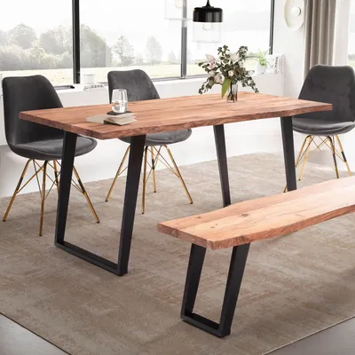 Produktbild von FineBuy Esszimmertisch 160cm rechteckig Massivholz Akazie Baumkante Industrial Esstisch Baumstamm Massiv Küchentisch Baumkantentisch U-Gestell Schwarz