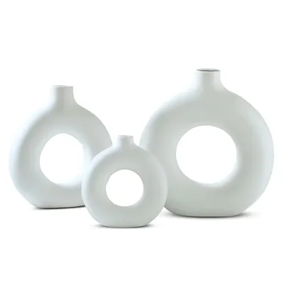 Image de Lot de 3 vases IvoQ en forme de beignet - Blanc - Céramique - Élégants et intemporels - Pour le salon, la chambre et le bureau