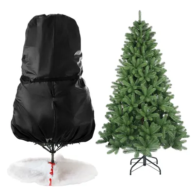 A Christmas tree bag and a Christmas tree are shown side-by-side against a white background.
